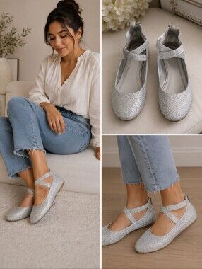 🔵 Sparkly Silver Women Ballet Flats